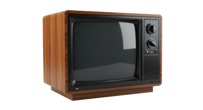 Pristine classic vintage wooden television set with blank screen, isolated on a transparent background with copy space, professional studio shot, clean aesthetic, concept of digital transformation