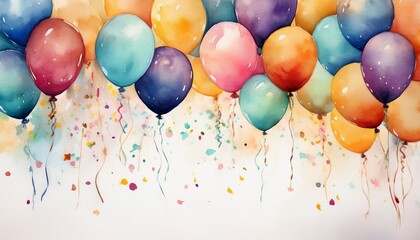 balloons confetti streamers on soft watercolor style white background
