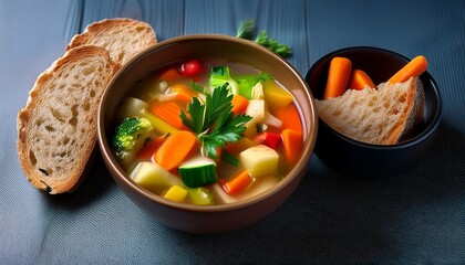 a detailed shot of a bowl of vegetable soup with a variety of colorful veggies like carrots celery and bell peppers the soup is garnished with fresh herbs and served with a slice of whole grain
