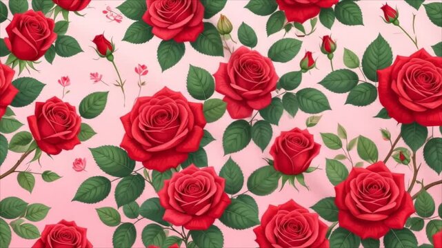 Overhead view of repeating pattern of vibrant red roses and green leaves on light pink background