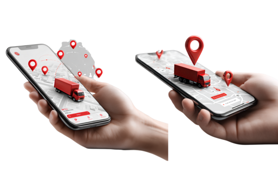 transparent background two smartphone with location pins on the map and an illustration of a truck in red color is placed at one pin. a hand holding a mobile phone showing an interface design, with - Powered by Adobe