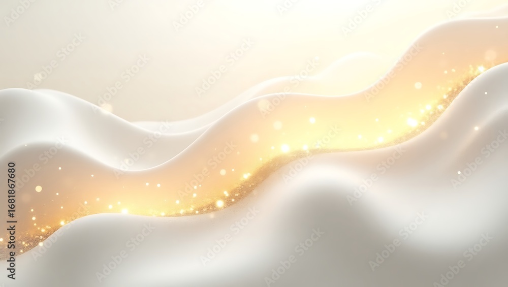 Poster abstract white background with a glowing golden ribbon. an elegant and luxurious design with soft fl