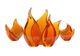 Several translucent, flame-like abstract sculptural forms, glowing vibrant orange and yellow on a transparent studio background with soft lighting, concept of innovation and new ideas