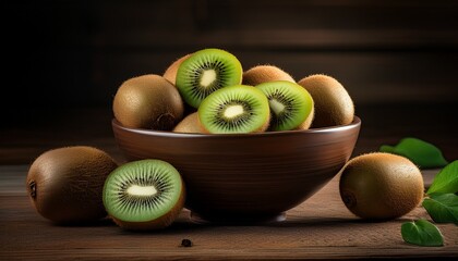 a bowl of fresh kiwi fruit showcasing its vibrant green flesh and black seeds surrounded by whole kiwi on a rustic wooden surface