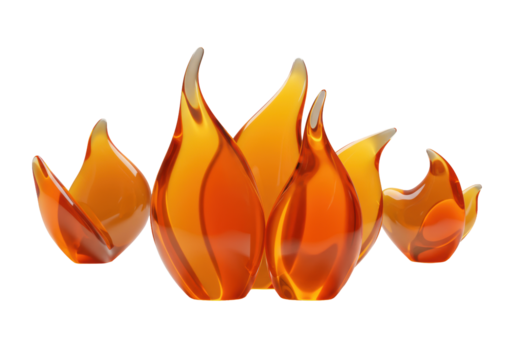 Several translucent, flame-like abstract sculptural forms, glowing vibrant orange and yellow on a transparent studio background with soft lighting, concept of innovation and new ideas