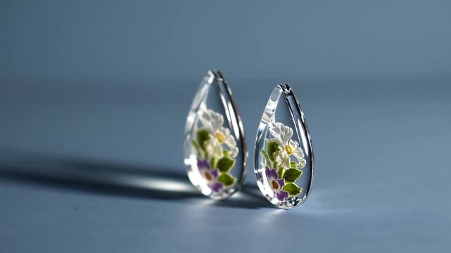 epoxy Resin Earrings with natural flowers inside on blue background with copy space epoxy Resin Earrings with natural flowers inside on blue background