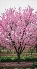 Naklejka premium Vibrant blooming cherry blossom tree in spring garden landscape