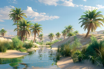 Fototapeta premium Desert Oasis Palm Tree by Tranquil River at Sunset with Serene Sand Dunes and Vibrant Sky
