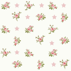 Roses, floral, shabby chic, vintage, romantic, delicate, pastel, pink, stars, seamless, pattern, background, print, fabric, textile, wallpaper, cute, feminine, sweet, charming, elegant, classic.