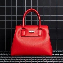 A vibrant red leather handbag rests on a gridded metal shelf against a dark backdrop.