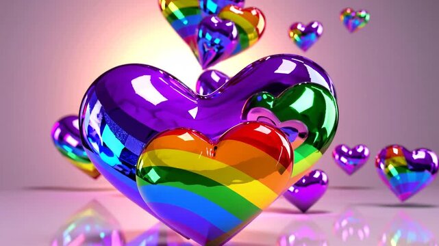 Three-dimensional multicolored heart adornments, commemorating LGBTQ Pride Month symbolic representation. LGBTQ banner, gender-diverse banner. Three-dimensional computer-generated ry