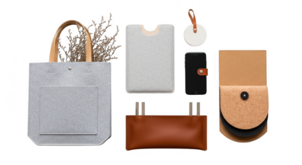 A collection of stylish accessories including a tote bag, cardholder, and phone case isolated on transparent background