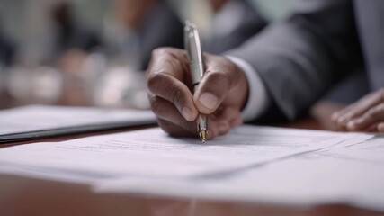 Medium shot showing a project lead signing off on audit closeout papers leaving the surrounding room intentionally out of focus.