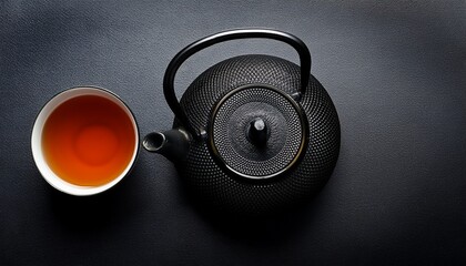 black teapot and stimming cup of tea top view