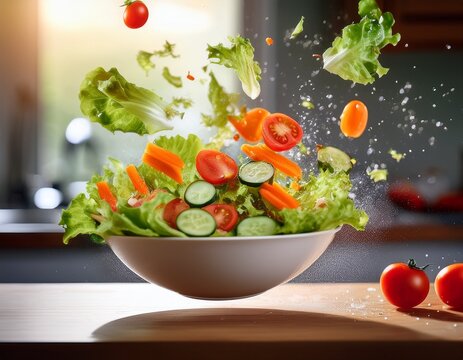 a vibrant and dynamic shot of a fresh salad tossed in mid air with lettuce cherry tomatoes cucumbers and carrots flying captured against a bright kitchen background for natural appeal