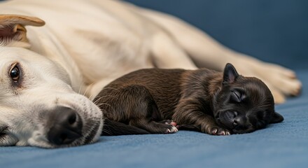 Mother Dog and Newborn Puppy Resting Together.