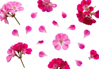 Vibrant pink and magenta geranium flowers and delicate petals meticulously arranged flat lay on a clean transparent background with soft studio light, concept of natural purity