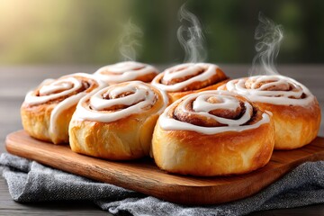 Freshly baked cinnamon rolls steaming on wooden board