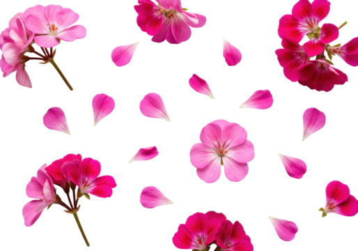 Vibrant pink and magenta geranium flowers and delicate petals meticulously arranged flat lay on a clean transparent background with soft studio light, concept of natural purity