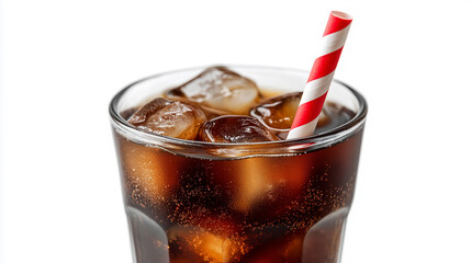 Glass of cola with ice cubes and a striped straw against white background.  
