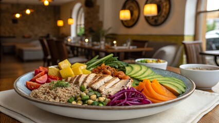 Nourishing and delicious dinner featuring grilled chicken with colorful vegetables and grains served in a cozy restaurant setting