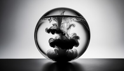 a black ink slowly diffusing in a still glass sphere of water forming cloud like patterns that suggest the birth of an idea