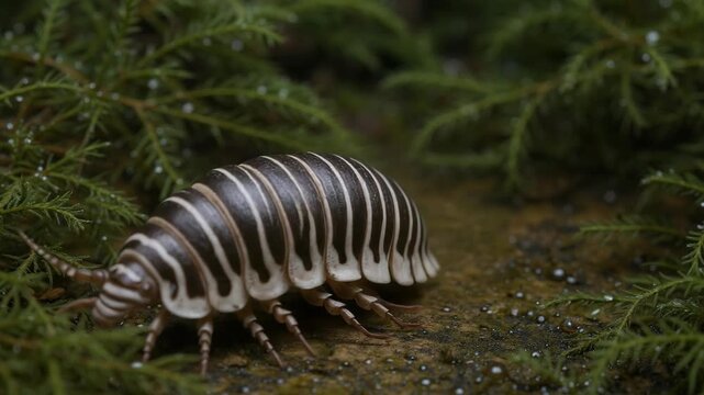 Close-up of a striped wood louse on damp forest floor