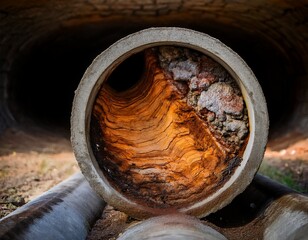 a cut section of aged concrete sewer pipe showing internal erosion root intrusion and mineral deposits in amber and gray layers
