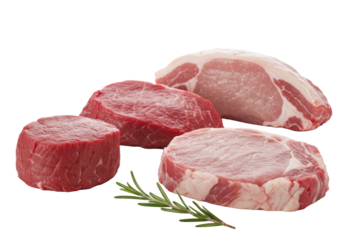 Three distinct, vibrant, clean cuts of raw red meat (beef, pork, third cut) with rosemary on transparent studio background, diffused light. Concept of culinary excellence and healthy eating