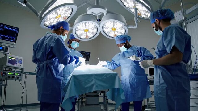 Medical practitioners conducting surgical procedure within operating theater