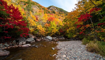 Vibrant Autumn Foliage Over a Rocky Riverbed in a Mountainous Landscape.