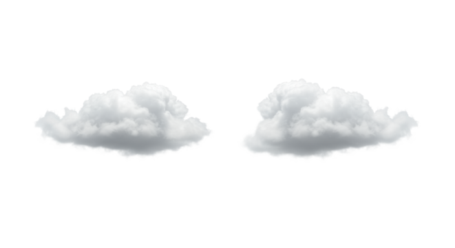 Two pristine, fluffy cumulus clouds with soft grey-white texture float in an expansive, transparent void, illuminated by soft high-key studio light, concept of clear choices