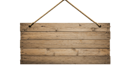 Blank, rustic weathered wooden sign with appealing wood grain planks, suspended by thick, sturdy ropes against a crisp, transparent studio background. Concept of new beginnings and potential