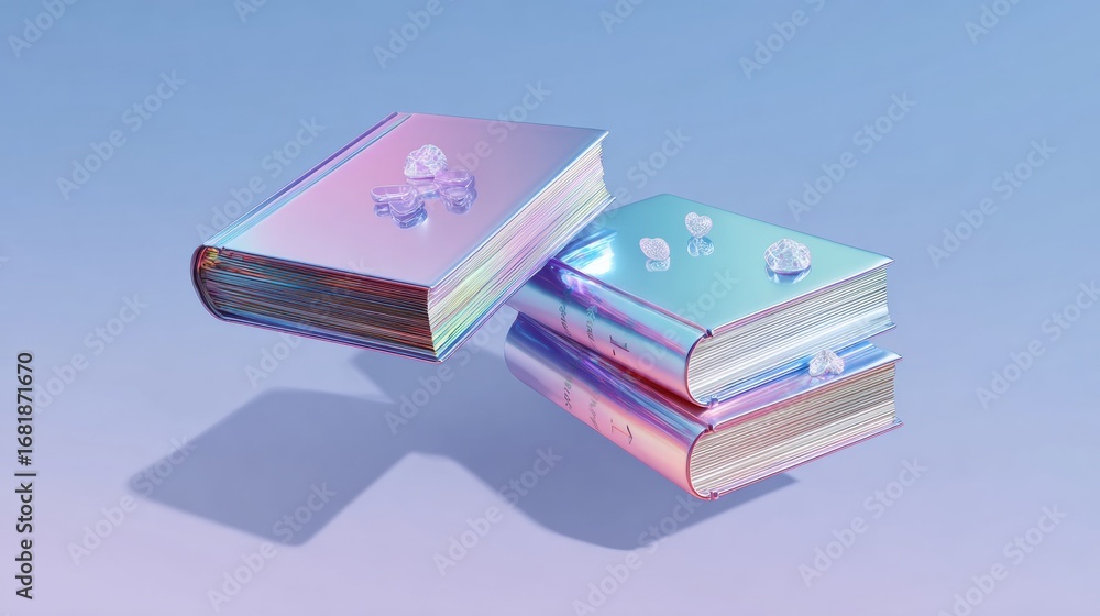 Poster holographic books hover above a soft pastel backdrop, adorned with sparkling crystal elements that a