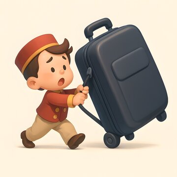Picolo with a Suitcase: A small, cartoon piccolo, struggling to pull a large, heavy suitcase, symbolizing travel, hotel service, and the difficulties of travel