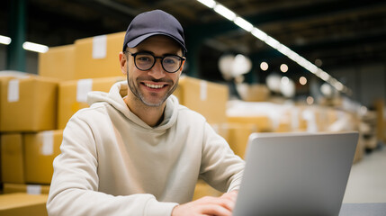 Smiling warehouse worker using a laptop among stacked cardboard boxes.  
