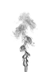 Abstract plume of swirling grey and white vapor rising dynamically, textured and ethereal, isolated on a stark white background with copy space. Concept of innovation and growth