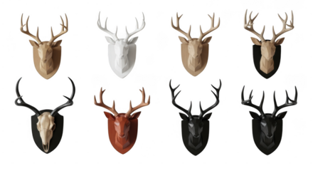 A diverse array of mounted deer heads, including various colors and skull styles isolated on transparent background