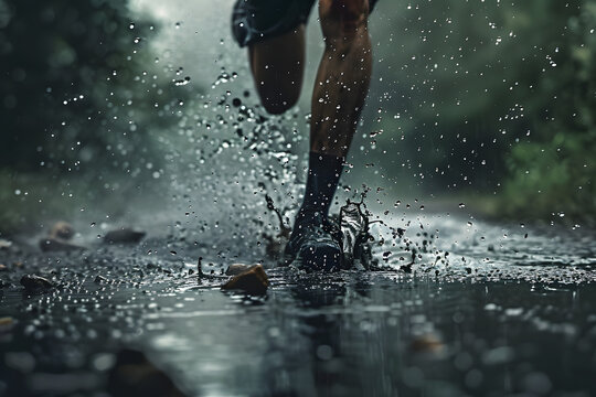 Runner Splashes Through Rainy Forest in Dynamic Outdoor Adventure Fitness Activity