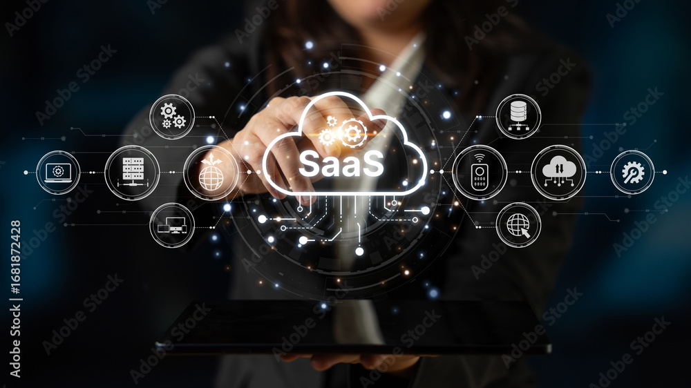 Aufkleber visual representation of saas showing infrastructure, saas deployment, saas platform features, and s