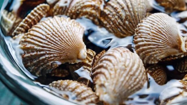 Live bivalve mollusks submerged in liquid