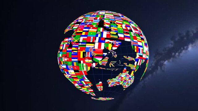 Spherical representation of Earth adorned with assorted national banners and patriotic symbols from various nations across the globe