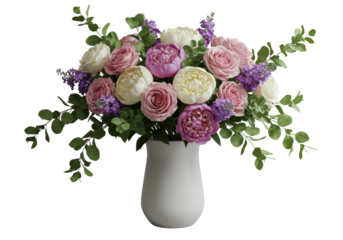 Lush bouquet of blush pink roses, creamy white peonies, purple lisianthus, green eucalyptus in matte white vase on light grey concrete with bokeh, diffused light, concept of natural elegance and