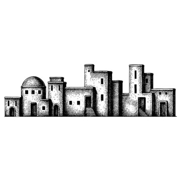 The Holy Land - a panoramic sunset view of the ancient biblical city of Bethlehem or Nazareth with traditional stone architecture, palm trees, and a historic atmosphere.
