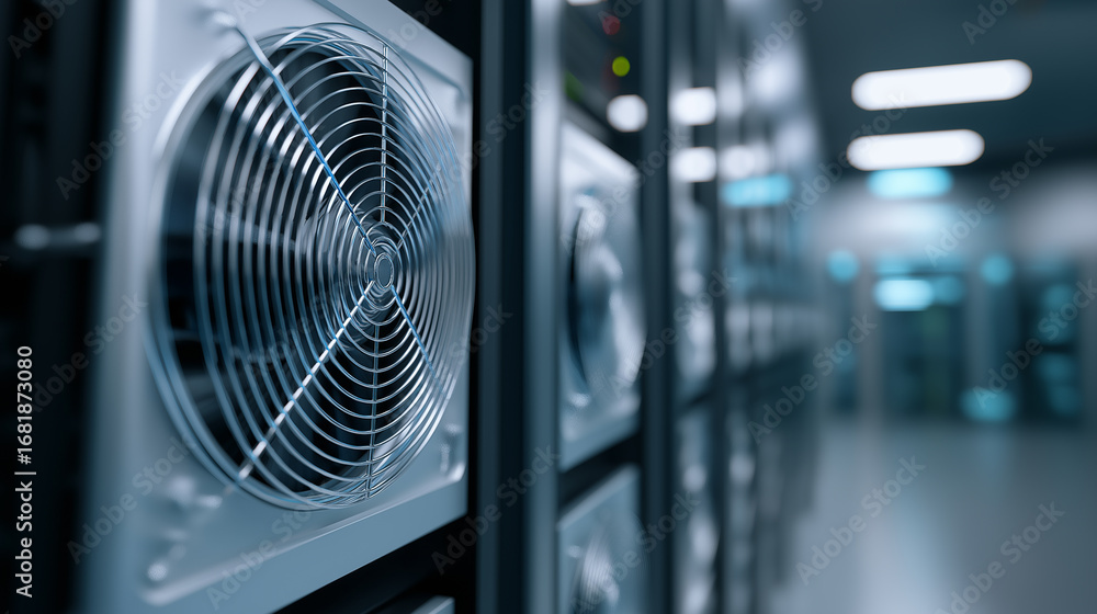 Poster close-up of a cooling fan inside a modern data center with servers in the background.