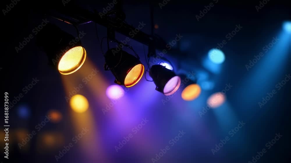 Aufkleber medium shot of colorbalanced stage lights glowing in different hues with one light in perfect focus 