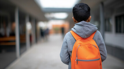 Back view of a schoolboy wearing a gray hoodie and orange backpack walking down a hallway.