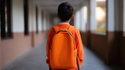 Back view of a schoolboy wearing a gray hoodie and orange backpack walking down a hallway.  
