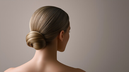 Fototapeta premium Back view of a woman with smooth skin and hair styled in a sleek bun against a beige background. 