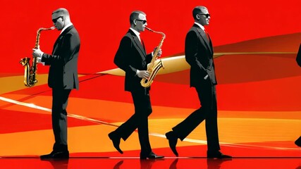 Saxophonists in bold red background